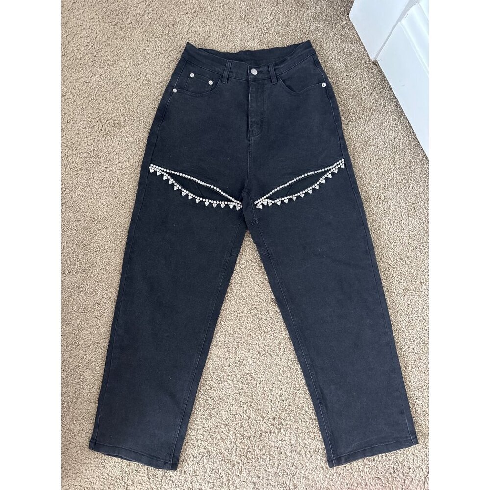 Amazon Black High-Waisted Jeans With Rhinestone Fringe Thigh Slit, new w tags